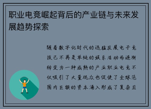 职业电竞崛起背后的产业链与未来发展趋势探索 职业电竞崛起背后的产业链与未来发展趋势探索