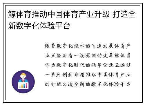鲸体育推动中国体育产业升级 打造全新数字化体验平台 鲸体育推动中国体育产业升级 打造全新数字化体验平台