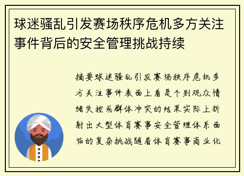 球迷骚乱引发赛场秩序危机多方关注事件背后的安全管理挑战持续