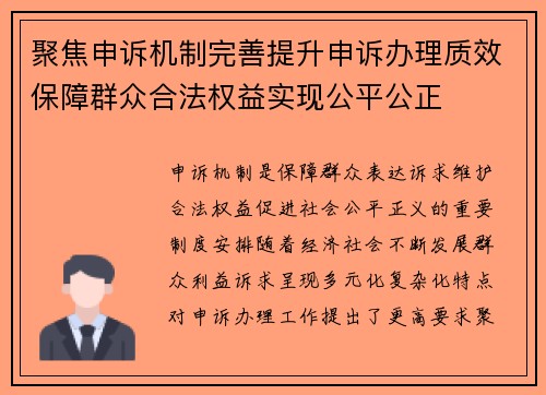 聚焦申诉机制完善提升申诉办理质效保障群众合法权益实现公平公正